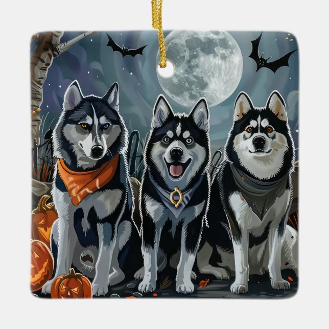 Siberian Husky Halloween Spooky Keramikornament (Vorderseite)