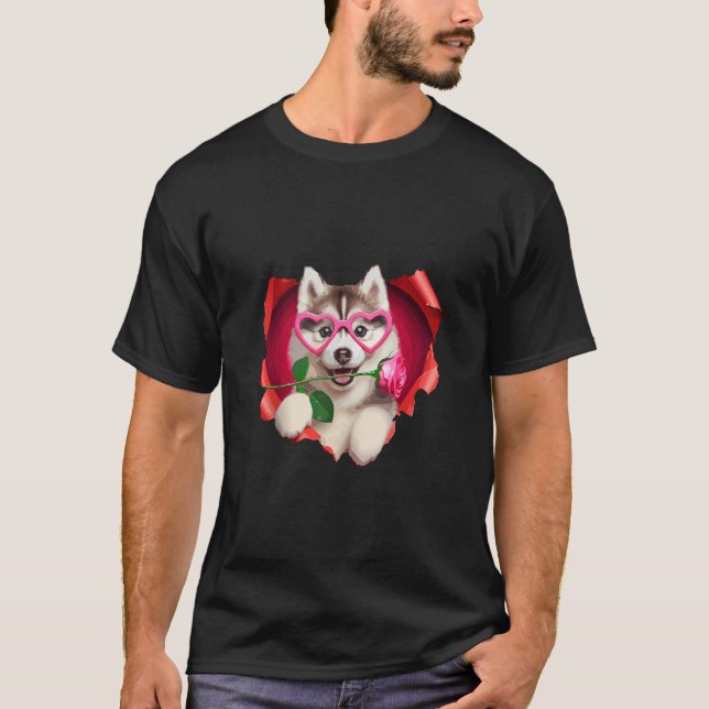 Siberian Husky Hund Herz Brille Lover Rose Valent T-Shirt (Vorderseite)
