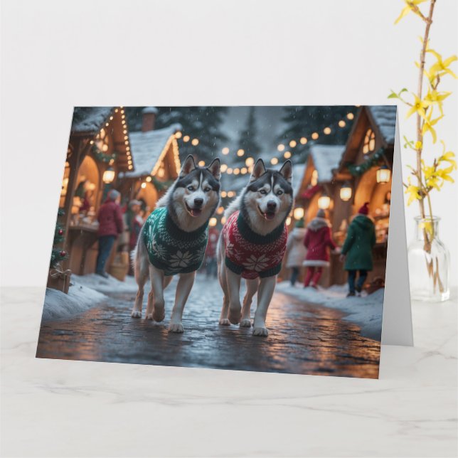 Siberian Husky Hunde Weihnachtsschneeurlaub Karte (Gelbe Blume)