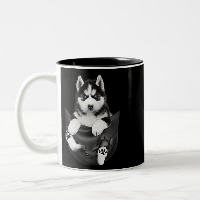 Siberian Husky In Pocket Puppy Zweifarbige Tasse (Links)