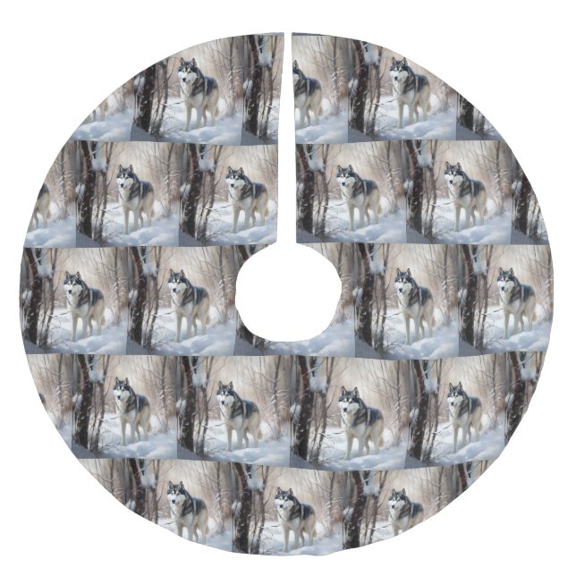 Siberian Husky Lass es Weihnachten schneejang Polyester Weihnachtsbaumdecke (Vorderseite)