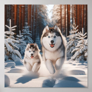 Siberian Husky Mom und ihr Welpe Poster