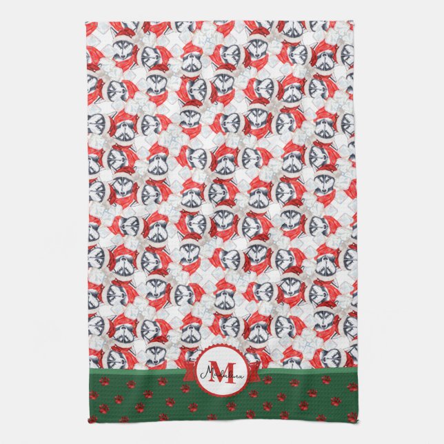 Siberian Husky Muster Monogram Christmas Dog Geschirrtuch (Vertikal)