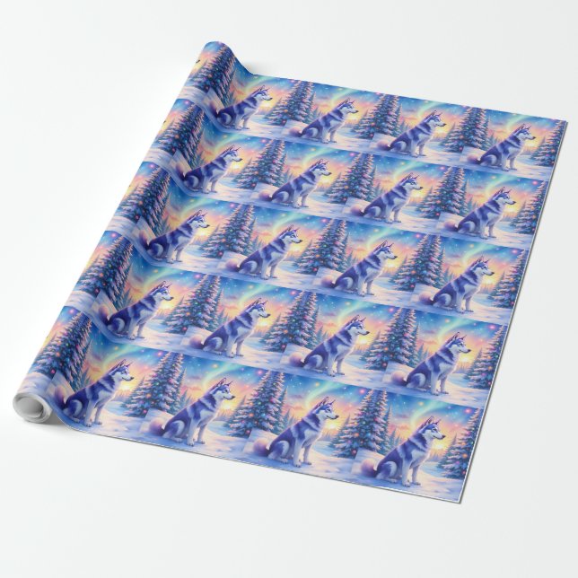 Siberian Husky Northern Lights Christmas Winter Geschenkpapier (Ungerollt)