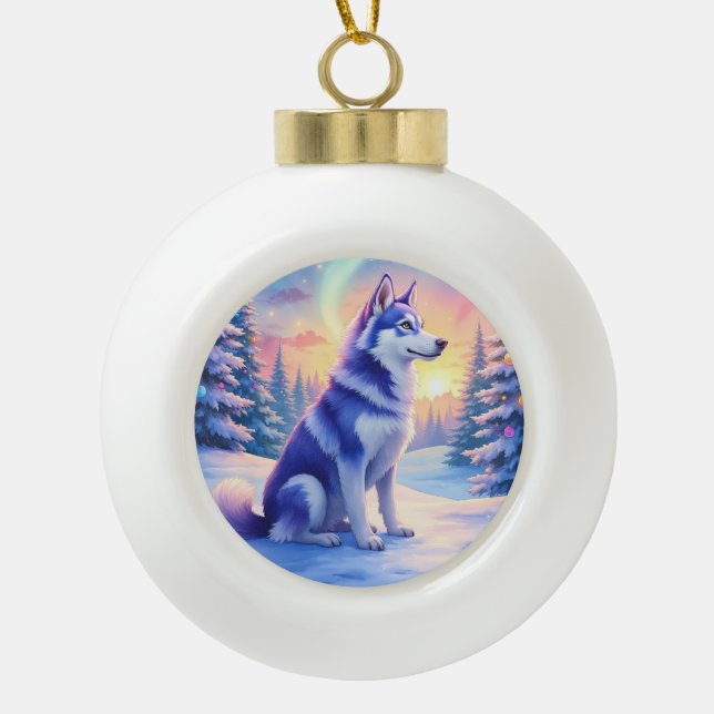 Siberian Husky Northern Lights Christmas Winter Keramik Kugel-Ornament (Vorderseite)