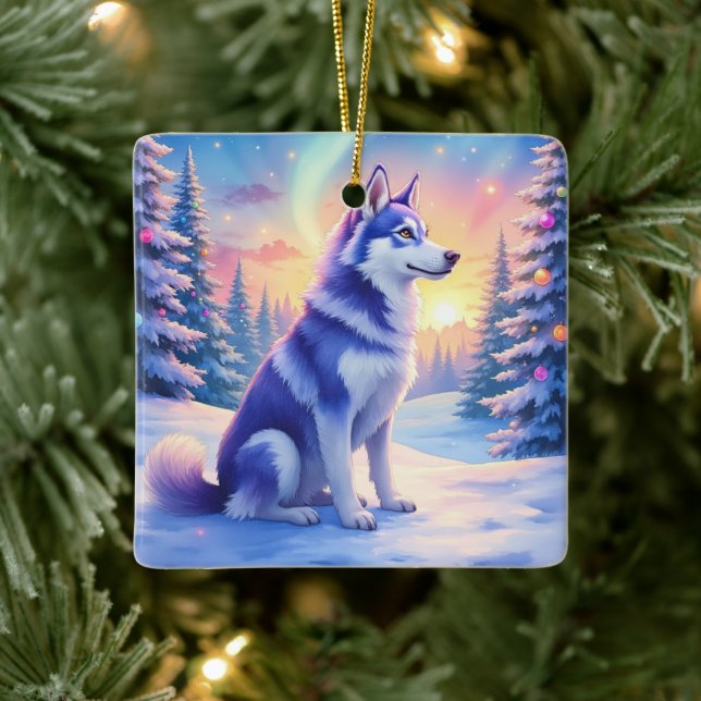 Siberian Husky Northern Lights Christmas Winter Keramikornament (Baum)
