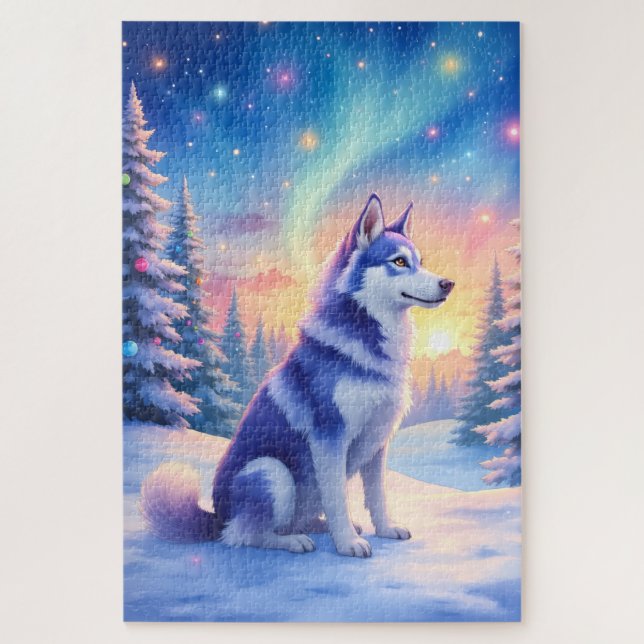 Siberian Husky Northern Lights Christmas Winter Puzzle (Vertikal)