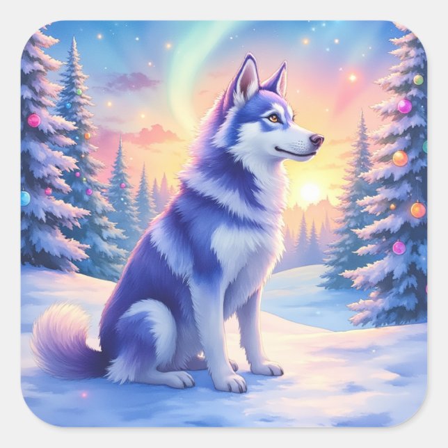 Siberian Husky Northern Lights Christmas Winter Quadratischer Aufkleber (Vorderseite)