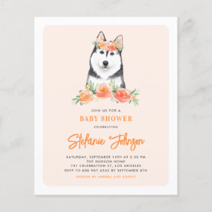 Siberian Husky Peach Floral Baby Shower Einladung