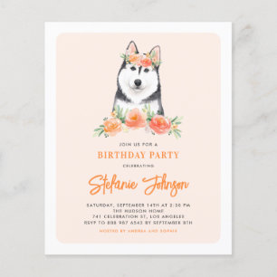 Siberian Husky Peach Floral Geburtstag Einladung