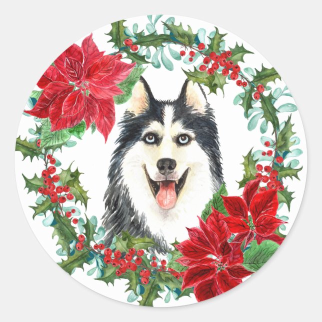 Siberian Husky Poinsettia Holly Christmas Wreath Runder Aufkleber (Vorderseite)