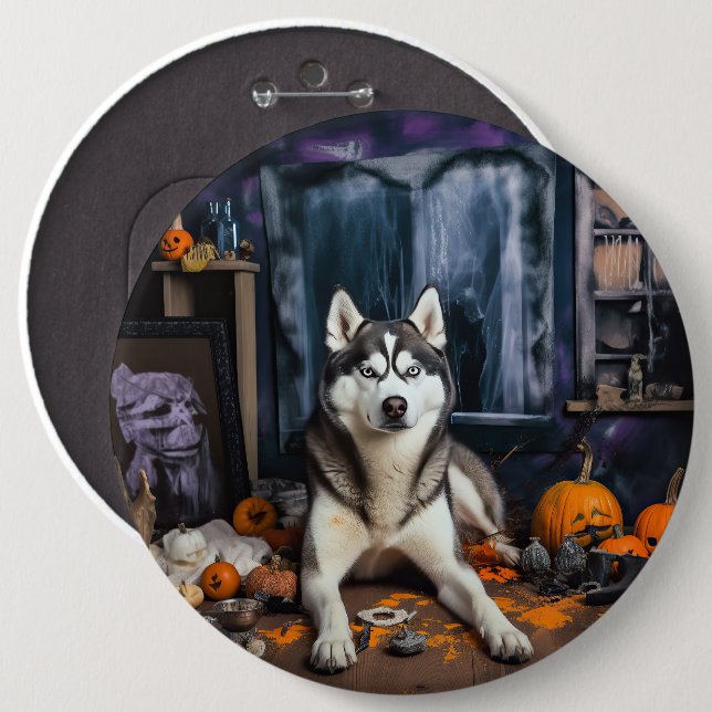 Siberian Husky Pumpkins Halloween Beängstigend Button (Vorne & Hinten)