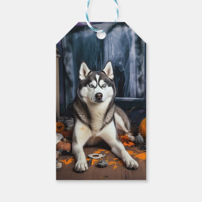 Siberian Husky Pumpkins Halloween Beängstigend Geschenkanhänger (Vorderseite)