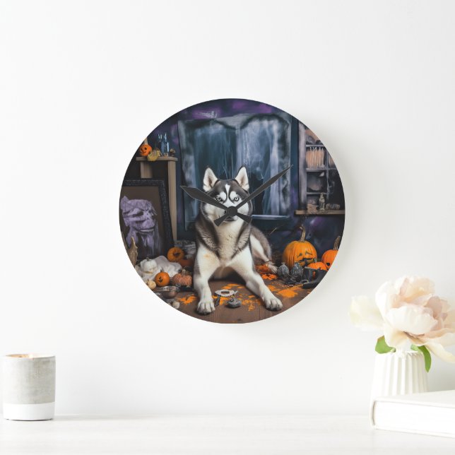 Siberian Husky Pumpkins Halloween Beängstigend Große Wanduhr (Zuhause)