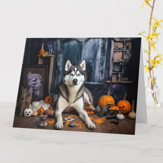 Siberian Husky Pumpkins Halloween Beängstigend Karte (Gelbe Blume)