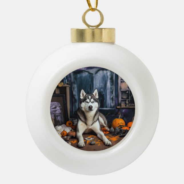 Siberian Husky Pumpkins Halloween Beängstigend Keramik Kugel-Ornament (Vorderseite)