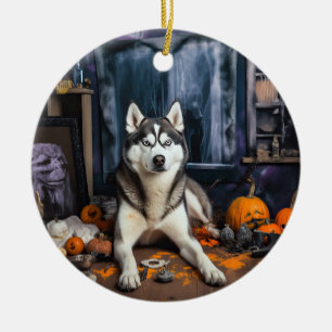 Siberian Husky Pumpkins Halloween Beängstigend Keramik Ornament