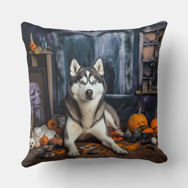 Siberian Husky Pumpkins Halloween Beängstigend Kissen (Rückseite)