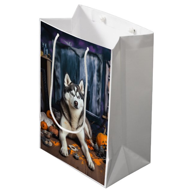 Siberian Husky Pumpkins Halloween Beängstigend Mittlere Geschenktüte (Vorderseite Schrägansicht)