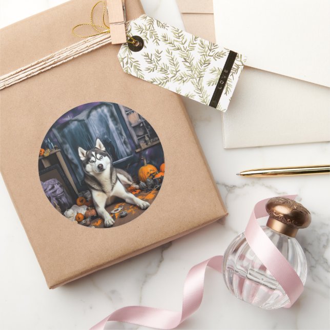 Siberian Husky Pumpkins Halloween Beängstigend Runder Aufkleber (Schenken)