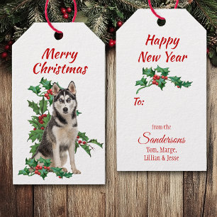 Siberian Husky Red Berry Holly Weihnachten Geschenkanhänger