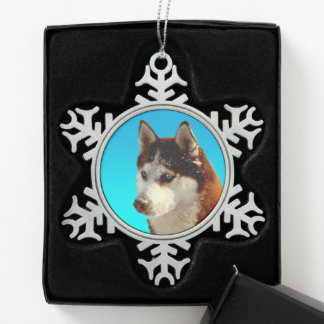 Siberian Husky red Huskybild Huskykopf Schneeflocken Zinn-Ornament