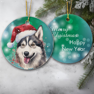 Siberian Husky Red Weihnachtsmannmütze Bokeh Weihn Keramik Ornament