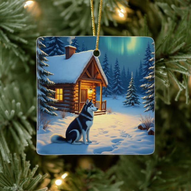 Siberian Husky Snowy Cabin Christmas Painting Keramikornament (Baum)