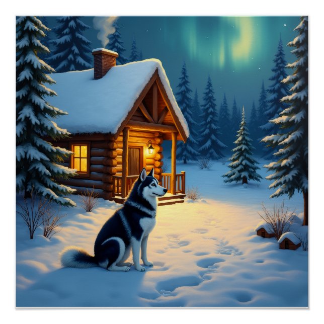 Siberian Husky Snowy Cabin Christmas Painting Poster (Vorderseite)