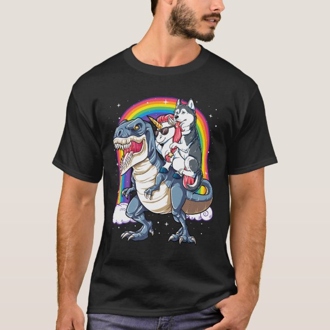 Siberian Husky Unicorn Dinosaur T rex Funny Rainbo T-Shirt (Vorderseite)