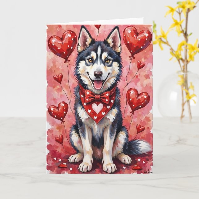 Siberian Husky Valentine Dog Sitting with Hearts Karte (Gelbe Blume)