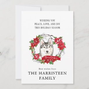 Siberian Husky Watercolor red Poinsettia Wreath Feiertagskarte