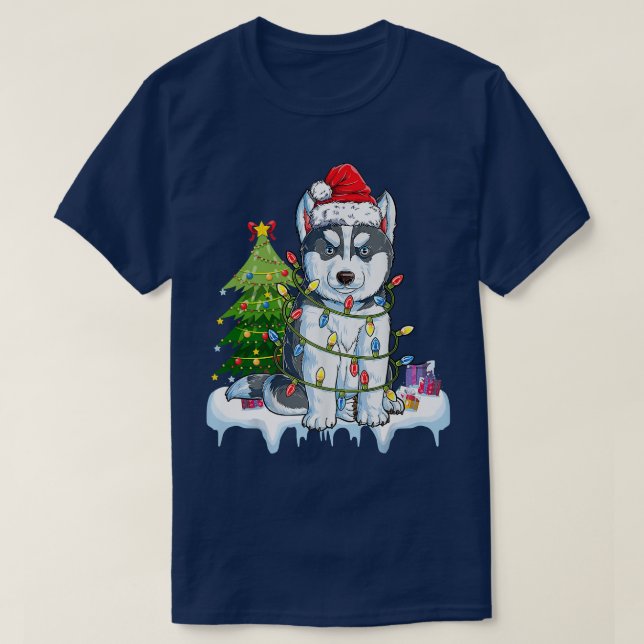 Siberian Husky Weihnachtsbaum Lichter Xmas Gi T-Shirt (Design vorne)