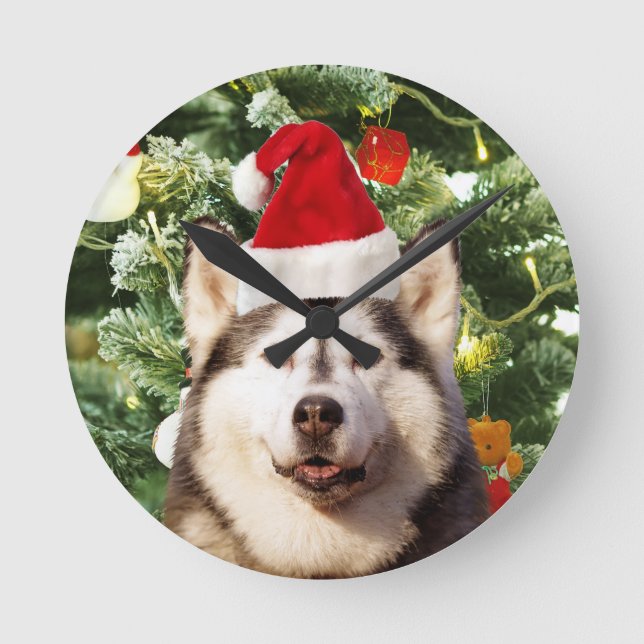 Siberian Husky Weihnachtsbaum Ornamente Schneemann Runde Wanduhr (Vorderseite)