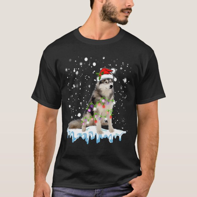 Siberian Husky Weihnachtsmannmütze Xmas Lights Ges T-Shirt (Vorderseite)