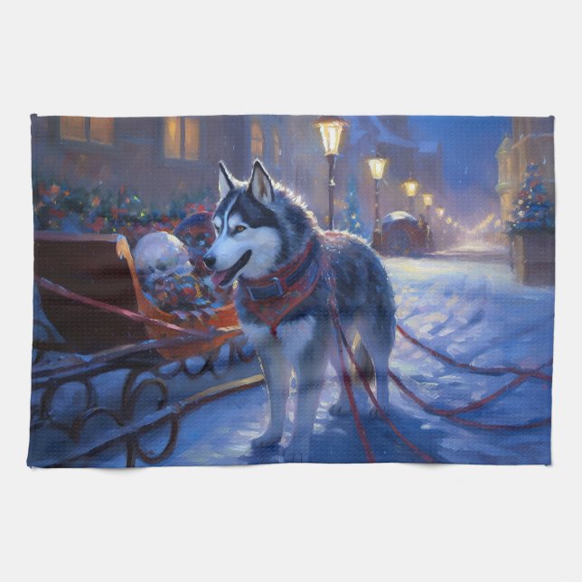 Siberian Husky Weihnachtssaison Geschirrtuch (Horizontal)