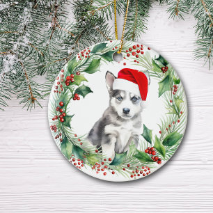 Siberian Husky Welppy Holly Wreath Weihnachten Keramik Ornament