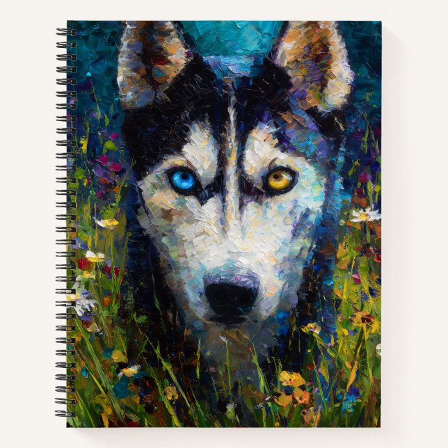 Siberian Husky with Wildflowers Portrait Notizbuch (Vorderseite)