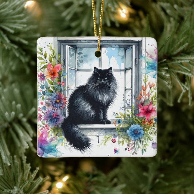 Siberische Katze auf Fenster mit Aquarellbildern Keramikornament (Baum)