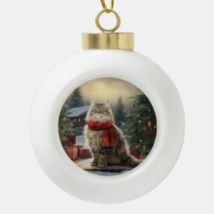 Siberische Katze im Schnee Weihnachten Keramik Kugel-Ornament