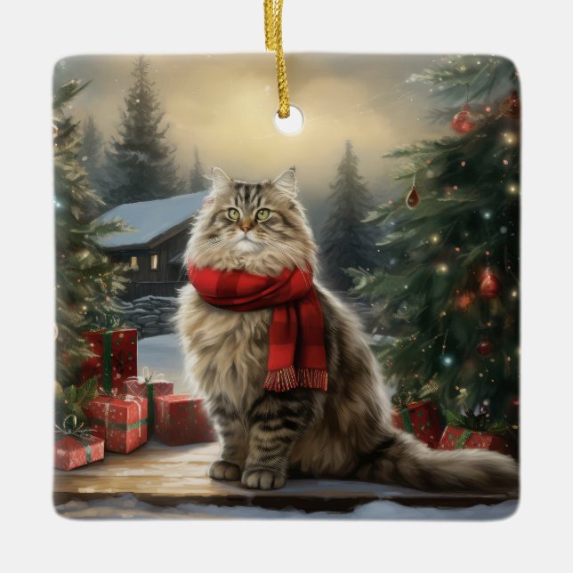 Siberische Katze im Schnee Weihnachten Keramikornament (Vorderseite)
