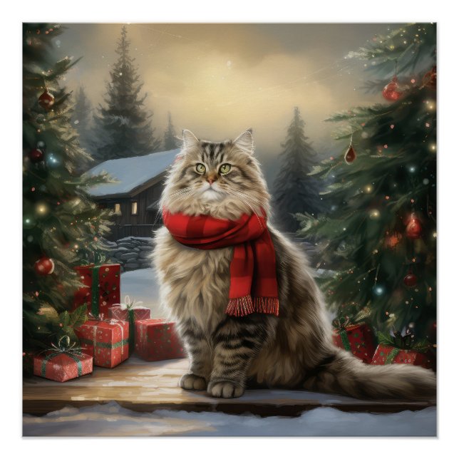 Siberische Katze im Schnee Weihnachten Poster (Vorderseite)
