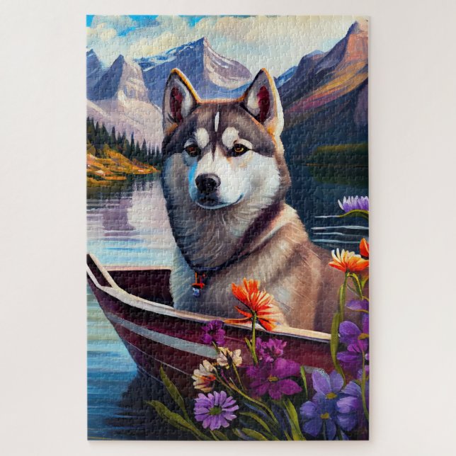 Siberischer Husky auf dem Paddel: Ein Landschaftli Puzzle (Vertikal)
