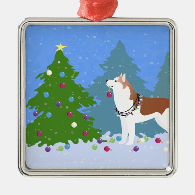 Siberischer Husky dekoriert Weihnachtsbaum - Wald Silbernes Ornament (Vorne)