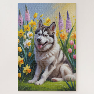 Siberischer Husky Dog Frühlingsblumen Malerei Puzzle