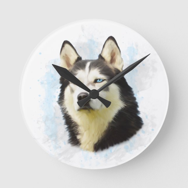 Siberischer Husky Hund Farbe Farbe Farbe Malerei Runde Wanduhr (Vorderseite)