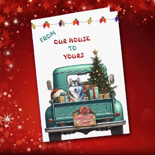 Siberischer Husky-Hund-Farm LKW Weihnachtskarte Feiertagskarte