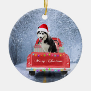 Siberischer Husky Hund im Schnee sitzend Weihnacht Keramik Ornament