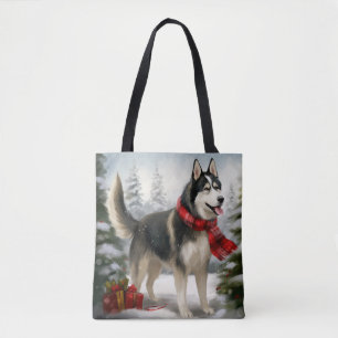 Siberischer Husky-Hund im Schnee Weihnachten