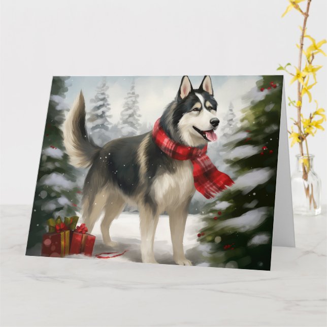 Siberischer Husky-Hund im Schnee Weihnachten Karte (Gelbe Blume)